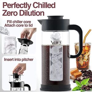 XOQ Cold Brew Coffee Maker + Chiller Kit + 50oz/1.5L Glass Cold Brew Maker - Iced Coffee Maker & Ice Tea Maker - Large Iced Coffee Pitcher for Fridge with Removable Stainless Steel Brewer Filter