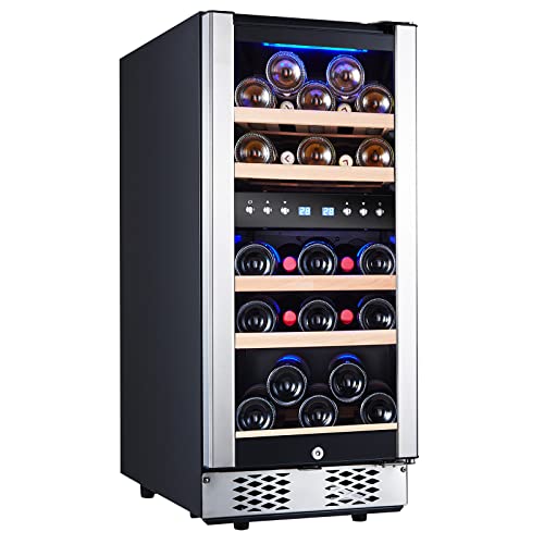 Zevemomo 30 Bottle Wine Fridge 15" Dual Zone Refrigerators Cooler with Upgraded Compressor Digital Memory Temperature Control, Low Noise Glass Door, Black