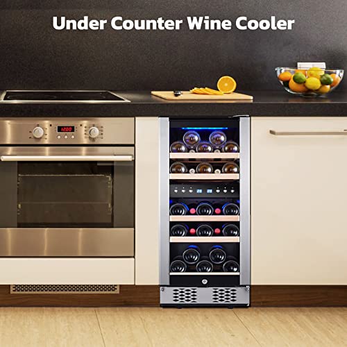 Zevemomo 30 Bottle Wine Fridge 15" Dual Zone Refrigerators Cooler with Upgraded Compressor Digital Memory Temperature Control, Low Noise Glass Door, Black