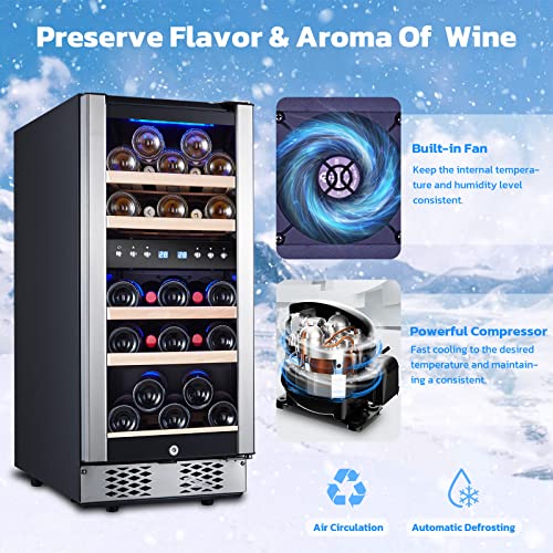 Zevemomo 30 Bottle Wine Fridge 15" Dual Zone Refrigerators Cooler with Upgraded Compressor Digital Memory Temperature Control, Low Noise Glass Door, Black