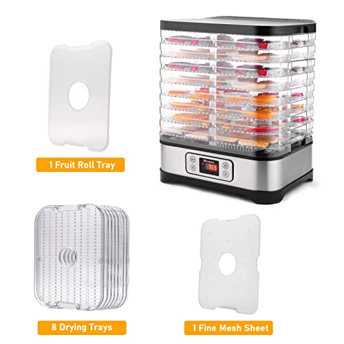 Food Dehydrator Machine, with Fruit Roll Sheet + 8 Trays + 400W Digital Timer and Temperature Control (95ºF-158ºF), for Jerky/Meat/Beef/Fruit/Vegetable, BPA Free