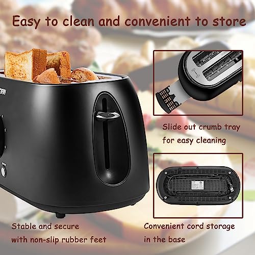 Toaster 4 Slice,KOTIAN Retro Long Slot Toasters with Countdown Timer,Stainless Steel Toaster,Bagel,Defrost,Reheat,Cancel Functions,Extra Wide Slots,6 Toast Settings,Removable Crumbs Tray,Matte black