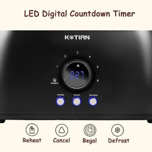 Toaster 4 Slice,KOTIAN Retro Long Slot Toasters with Countdown Timer,Stainless Steel Toaster,Bagel,Defrost,Reheat,Cancel Functions,Extra Wide Slots,6 Toast Settings,Removable Crumbs Tray,Matte black