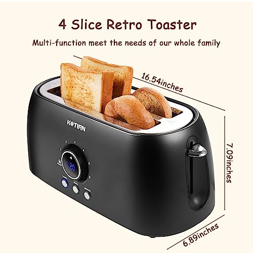 Toaster 4 Slice,KOTIAN Retro Long Slot Toasters with Countdown Timer,Stainless Steel Toaster,Bagel,Defrost,Reheat,Cancel Functions,Extra Wide Slots,6 Toast Settings,Removable Crumbs Tray,Matte black