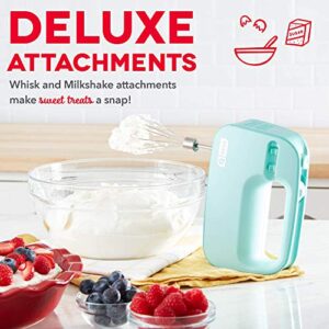 Dash SmartStore™ Deluxe Compact Electric Hand Mixer + Whisk and Milkshake Attachment for Whipping, Mixing Cookies, Brownies, Cakes, Dough, Batters, Meringues & More, 3 Speed, 150-Watt – Aqua