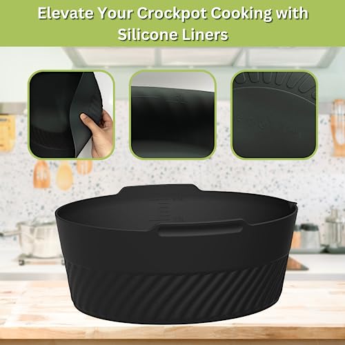 Black Silicone Crock Pot Liners 5-6QT, Non-Stick, Reusable and Food-grade Slow Cooker Liner Foldable Collapsible Single Grid Liners for Crock Pot Reusable, Food Grade Safe & Leak Proof