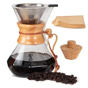 glass pour over coffee maker set - 20oz borosilicate carafe, reusable stainless steel filter and 40 paper filters - modern wooden collar and cork stopper - pour-over coffee pot, gravity dripper