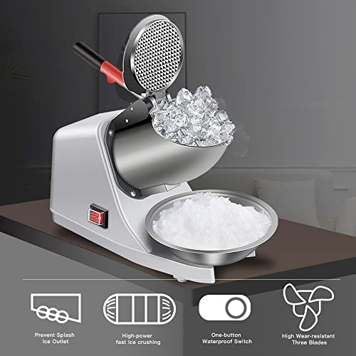 Electric Shaved Ice Machine 380W - 1500r/min Stainless Steel Three Blade Ice Crusher Snow Cone Machine Ice Shaver for Home and Commercial(Silver)