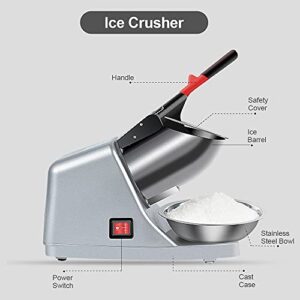 Electric Shaved Ice Machine 380W - 1500r/min Stainless Steel Three Blade Ice Crusher Snow Cone Machine Ice Shaver for Home and Commercial(Silver)