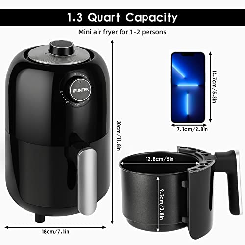 iRUNTEK Small Mini Air Fryer, 1.3Qt Compact Air Fryer with Recipe Book and 50pcs Parchment Paper Liners, User Friendly, Dual Knob Control, Non-Stick, Black