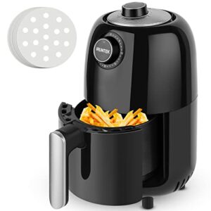 iruntek small mini air fryer, 1.3qt compact air fryer with recipe book and 50pcs parchment paper liners, user friendly, dual knob control, non-stick, black