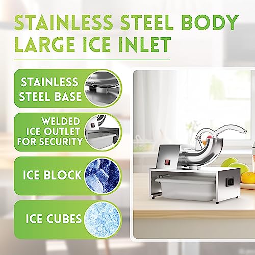 Tzechkii 110V Commercial Snow Cone Machine - Stainless Steel Ice Crusher Shaver and 20Qt Ice Basin - 250W Electric Shaved Ice Maker with Dual Blades for Home, Office, and Parties