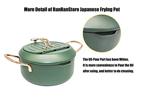 Cyrder Japanese Tempura Deep Fryer Pot with Fahrenheit Thermometer, Nonstick Carbon Steel Oil Fryer, Fried tempura/chicken/fish/shrimp, Easy Clean, Green big tempura pan, 9.5inch