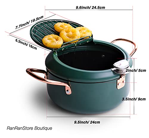 Cyrder Japanese Tempura Deep Fryer Pot with Fahrenheit Thermometer, Nonstick Carbon Steel Oil Fryer, Fried tempura/chicken/fish/shrimp, Easy Clean, Green big tempura pan, 9.5inch