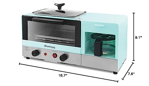 Elite Gourmet Americana 2 Slice, 9.5" Griddle with Glass Lid 3-in-1 Breakfast Center Station, 4-Cup Coffeemaker, Toaster Oven with 15-Min Timer, Heat Selector Mode, Blue, (EBK8810BL)