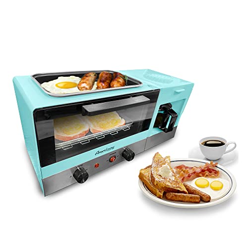 Elite Gourmet Americana 2 Slice, 9.5" Griddle with Glass Lid 3-in-1 Breakfast Center Station, 4-Cup Coffeemaker, Toaster Oven with 15-Min Timer, Heat Selector Mode, Blue, (EBK8810BL)