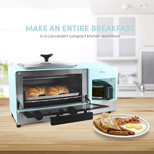 Elite Gourmet Americana 2 Slice, 9.5" Griddle with Glass Lid 3-in-1 Breakfast Center Station, 4-Cup Coffeemaker, Toaster Oven with 15-Min Timer, Heat Selector Mode, Blue, (EBK8810BL)