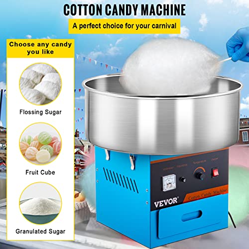 VEVOR Commercial Cotton Candy Machine, Electric Floss Maker with Stainless Steel Bowl Sugar Scoop and Large Storage Drawer, for Home Party Carnival, Without Cover, Blue