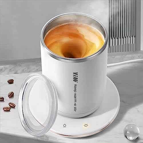 MugAnime Thermostatic Auto Stirring Coffee Mug, Warmer Control Stirring for Coffee,Tea,Cocoa,Milk.Stir 2 min Keep 131℉/55℃ 8 Hour(with Lid) White11 oz Electric Mixer Mug