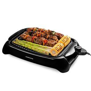 ovente indoor electric bbq grill with non-stick grilling plate, adjustable temperature control, easy to clean cooking surface and removable drip tray, perfect for small house party, black gd1632nlb