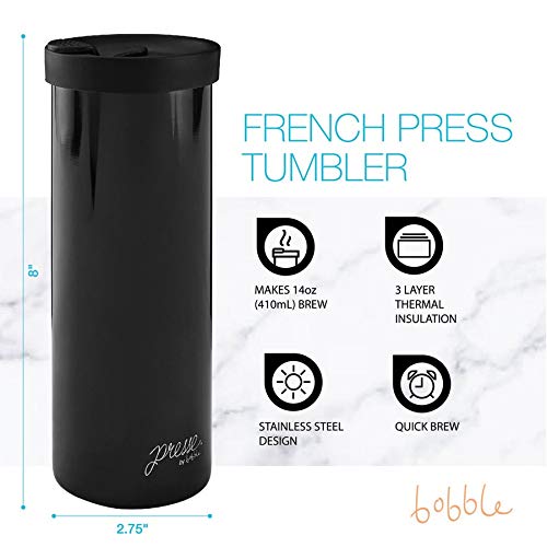 bobble French Coffee Presse, On-The-Go use, Quick Brew, Slim Design, Triple Wall Insulation, 14 oz (Peacock)