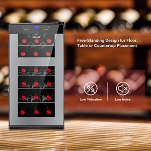 maisee Wine Fridge Dual Zone,18 Bottles Wine Cooler Refrigerator Chiller Upper Zone 46f-54f Lower Zone 54f-65f for Red White Wine Champagne in Home Office Bedroom Countertop （18 Bottles,Black