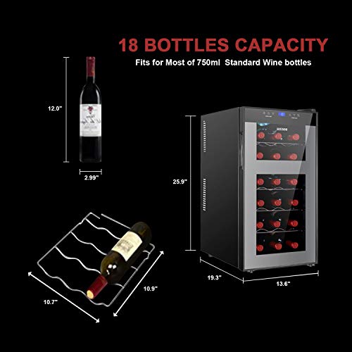 maisee Wine Fridge Dual Zone,18 Bottles Wine Cooler Refrigerator Chiller Upper Zone 46f-54f Lower Zone 54f-65f for Red White Wine Champagne in Home Office Bedroom Countertop （18 Bottles,Black