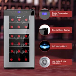 maisee Wine Fridge Dual Zone,18 Bottles Wine Cooler Refrigerator Chiller Upper Zone 46f-54f Lower Zone 54f-65f for Red White Wine Champagne in Home Office Bedroom Countertop （18 Bottles,Black