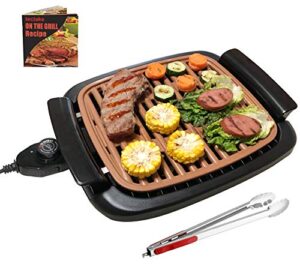 nonstick electric indoor smokeless grill - portable bbq grills with recipes, fast heating, adjustable thermostat, easy to clean, 21" x 11" tabletop square grill with oil drip pan, black