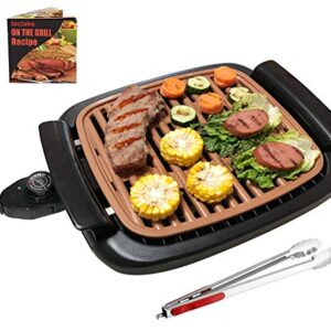 Nonstick Electric Indoor Smokeless Grill - Portable BBQ Grills with Recipes, Fast Heating, Adjustable Thermostat, Easy to Clean, 21" X 11" Tabletop Square Grill with Oil Drip Pan, Black