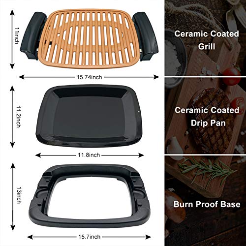 Nonstick Electric Indoor Smokeless Grill - Portable BBQ Grills with Recipes, Fast Heating, Adjustable Thermostat, Easy to Clean, 21" X 11" Tabletop Square Grill with Oil Drip Pan, Black