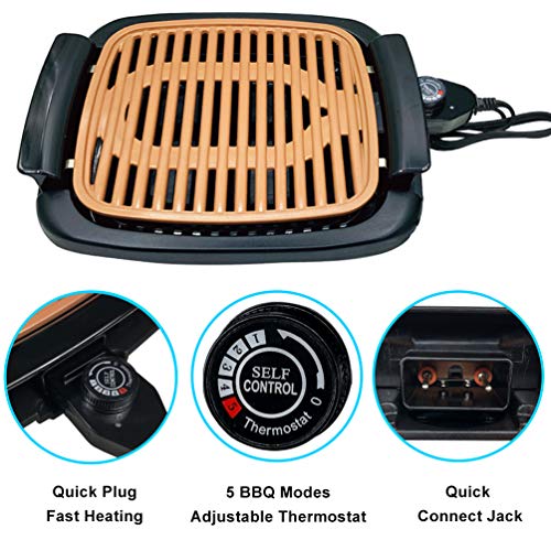 Nonstick Electric Indoor Smokeless Grill - Portable BBQ Grills with Recipes, Fast Heating, Adjustable Thermostat, Easy to Clean, 21" X 11" Tabletop Square Grill with Oil Drip Pan, Black