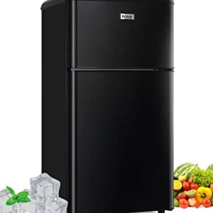 WANAI Compact Refrigerator 3.2 Cu.Ft Retro Mini Fridge With Freezer 2 Door Mini Refrigerator with 7 TEMP Modes, Removable Shelves, LED Lights, Ideal for Apartment Camper Dorm and Office, Black