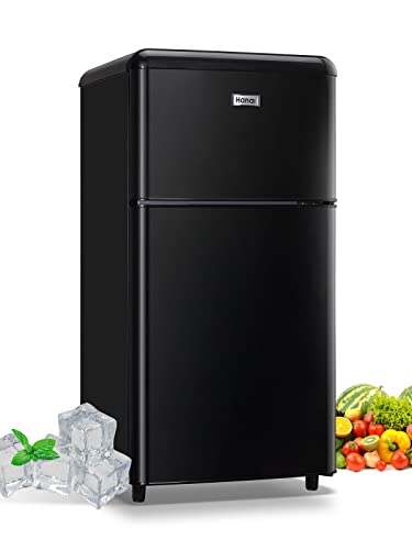 WANAI Compact Refrigerator 3.2 Cu.Ft Retro Mini Fridge With Freezer 2 Door Mini Refrigerator with 7 TEMP Modes, Removable Shelves, LED Lights, Ideal for Apartment Camper Dorm and Office, Black