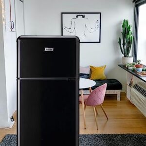 WANAI Compact Refrigerator 3.2 Cu.Ft Retro Mini Fridge With Freezer 2 Door Mini Refrigerator with 7 TEMP Modes, Removable Shelves, LED Lights, Ideal for Apartment Camper Dorm and Office, Black