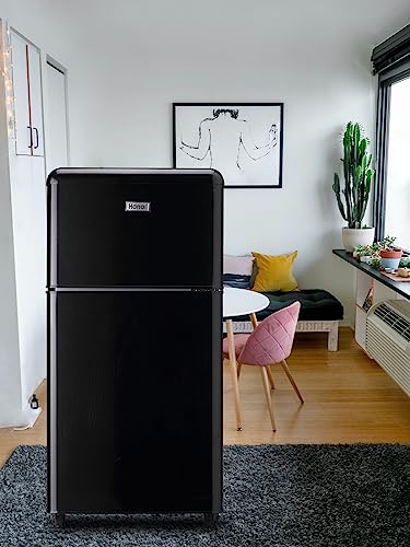 WANAI Compact Refrigerator 3.2 Cu.Ft Retro Mini Fridge With Freezer 2 Door Mini Refrigerator with 7 TEMP Modes, Removable Shelves, LED Lights, Ideal for Apartment Camper Dorm and Office, Black