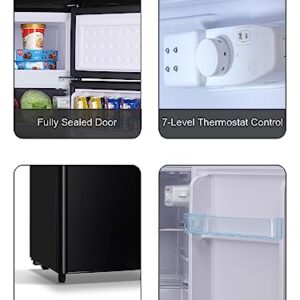 WANAI Compact Refrigerator 3.2 Cu.Ft Retro Mini Fridge With Freezer 2 Door Mini Refrigerator with 7 TEMP Modes, Removable Shelves, LED Lights, Ideal for Apartment Camper Dorm and Office, Black