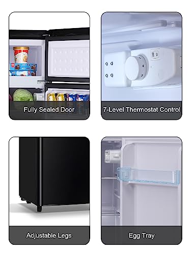 WANAI Compact Refrigerator 3.2 Cu.Ft Retro Mini Fridge With Freezer 2 Door Mini Refrigerator with 7 TEMP Modes, Removable Shelves, LED Lights, Ideal for Apartment Camper Dorm and Office, Black