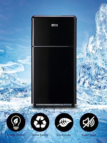 WANAI Compact Refrigerator 3.2 Cu.Ft Retro Mini Fridge With Freezer 2 Door Mini Refrigerator with 7 TEMP Modes, Removable Shelves, LED Lights, Ideal for Apartment Camper Dorm and Office, Black