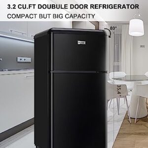 WANAI Compact Refrigerator 3.2 Cu.Ft Retro Mini Fridge With Freezer 2 Door Mini Refrigerator with 7 TEMP Modes, Removable Shelves, LED Lights, Ideal for Apartment Camper Dorm and Office, Black