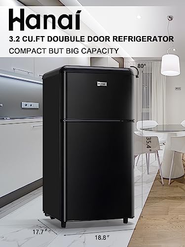 WANAI Compact Refrigerator 3.2 Cu.Ft Retro Mini Fridge With Freezer 2 Door Mini Refrigerator with 7 TEMP Modes, Removable Shelves, LED Lights, Ideal for Apartment Camper Dorm and Office, Black