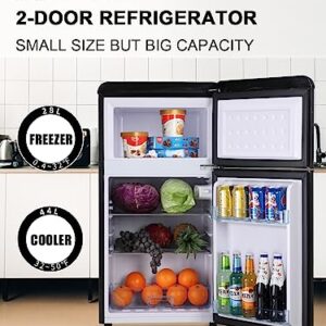 WANAI Compact Refrigerator 3.2 Cu.Ft Retro Mini Fridge With Freezer 2 Door Mini Refrigerator with 7 TEMP Modes, Removable Shelves, LED Lights, Ideal for Apartment Camper Dorm and Office, Black