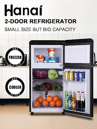 WANAI Compact Refrigerator 3.2 Cu.Ft Retro Mini Fridge With Freezer 2 Door Mini Refrigerator with 7 TEMP Modes, Removable Shelves, LED Lights, Ideal for Apartment Camper Dorm and Office, Black