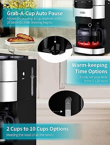 10-Cup Drip Coffee Maker, Brew Automatic Coffee Machine with Built-In Burr Coffee Grinder, Programmable Timer Mode and Keep Warm Plate, 1.5L Large Capacity Water Tank, Removable Filter Basket, 900W