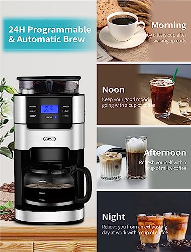 10-Cup Drip Coffee Maker, Brew Automatic Coffee Machine with Built-In Burr Coffee Grinder, Programmable Timer Mode and Keep Warm Plate, 1.5L Large Capacity Water Tank, Removable Filter Basket, 900W