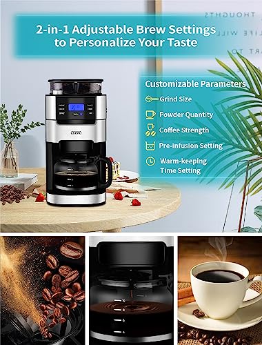 10-Cup Drip Coffee Maker, Brew Automatic Coffee Machine with Built-In Burr Coffee Grinder, Programmable Timer Mode and Keep Warm Plate, 1.5L Large Capacity Water Tank, Removable Filter Basket, 900W