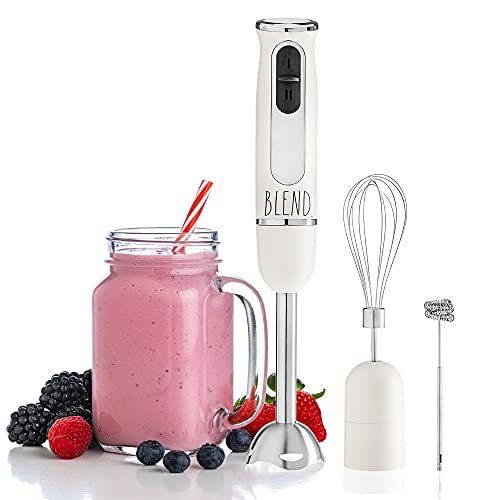 Rae Dunn Immersion Hand Blender- Handheld Immersion Blender with Egg Whisk and Milk Frother Attachments, 2 Speed Blender, 500 Watts, Stainless Steel Blade (Cream)