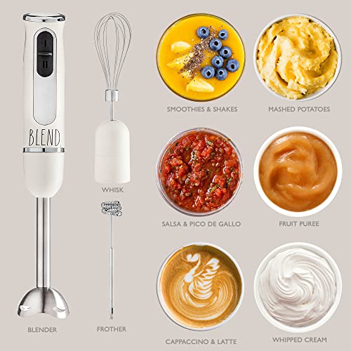 Rae Dunn Immersion Hand Blender- Handheld Immersion Blender with Egg Whisk and Milk Frother Attachments, 2 Speed Blender, 500 Watts, Stainless Steel Blade (Cream)