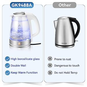 Electric Glass Kettle, Double Wall, 6 Hours Keep Warm,1200W Hot Water Boiler, Auto Shut-Off and Boil-Dry Protection - GK9488A