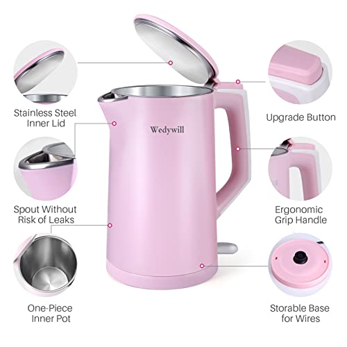 Electric Kettle,Stainless Steel Hot Water Kettle No Plastic Contact and BPA-Free,1.7L 1200W Auto Shut off & Boil Dry Protection,Fast Heating,2 Year Warranty Coffee Tea Pot for Water Boiling – Pink